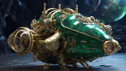 In a vividly deteriorating world, a chromatic dieselpunk deep space probe emerges with an extraordinary presence: its sleek metallic body displaying iridescent hues of emerald green and electric blue