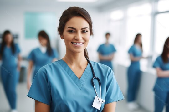 Woman in Scrubs Smiling for Camera in a Medical Setting, female woman doctor nurse portrait shot smiling cheerful confident standing front row in medical training class, AI Generated