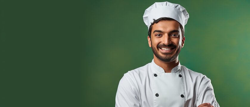 Pakistani male chef with a warm smile, isolated on vibrant green background - culinary expert portrait for banners and copy space