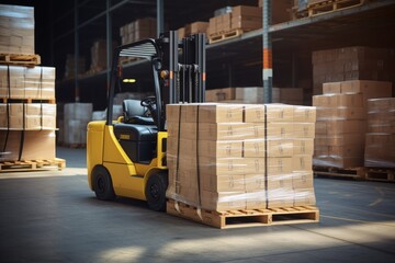 Yellow Forklift in a Warehouse Among Boxes, Industrial Equipment and Logistics Transportation, Forklift stuffing-unstuffing pallets of cargo to container on warehouse leveler dock, AI Generated - obrazy, fototapety, plakaty
