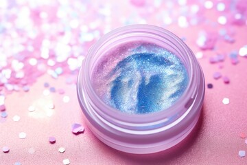 Obraz na płótnie Canvas A jar of glitter sitting on top of a table, adding a touch of sparkle and shine to any craft project, Crystal-clear glitter glistening on a watercolor background, AI Generated