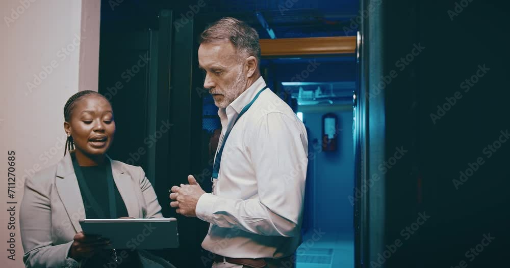 Poster People, team and tablet in server room for cloud computing, engineering and engineering advice or solution. Senior manager, technician or woman in data center, digital technology and system planning