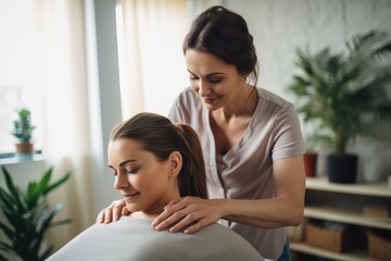 A woman indulges in a serene back massage treatment at a spa, enjoying the blissful relaxation and stress reduction, Female therapist manipulating shoulder blade on young female patient, AI Generated