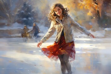 Obraz premium A beautiful painting capturing the grace and joy of a woman skating on a snowy day, Figure skating girl, AI Generated