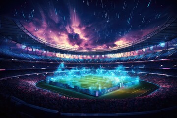 Thousands of excited fans gathered together in a massive stadium to witness a thrilling soccer game, Full night football arena in lights, AI Generated - obrazy, fototapety, plakaty