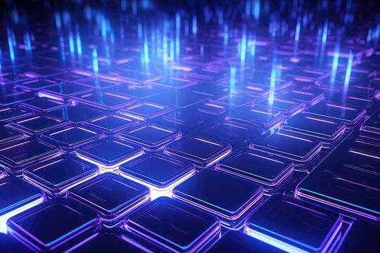 A detailed close-up image of the keys on a computer keyboard, Futuristic background with holographic floating grids, AI Generated