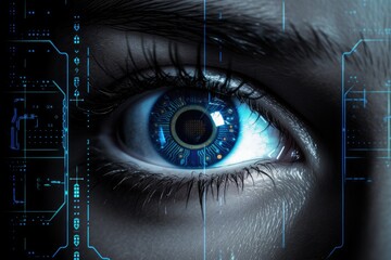 An image of a persons blue eye with a circuit board in the background, Biometric recognition system scanning an eye, AI Generated