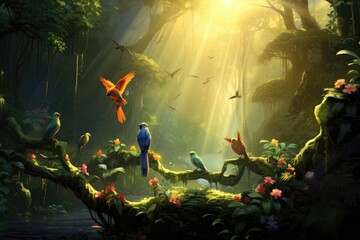 A captivating painting depicting a flock of birds gracefully soaring above a lush forest, Birds chirping melodiously in a summer morning rainforest, AI Generated - obrazy, fototapety, plakaty