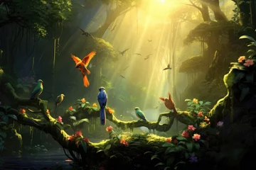 Selbstklebende Fototapeten A captivating painting depicting a flock of birds gracefully soaring above a lush forest, Birds chirping melodiously in a summer morning rainforest, AI Generated © Iftikhar alam