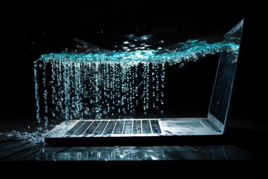 Witness the shocking disaster as water pours out of a laptop computer, causing irreparable damage, Binary code stream flowing from a broken laptop screen, AI Generated