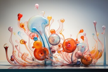 This captivating glass sculpture showcases a stunning array of colors and shapes in a mesmerizing display, Blown glass sculpture inspired background, AI Generated