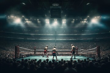 A group of men stands proudly on top of a boxing ring, Boxing match taking place in a packed stadium, AI Generated - obrazy, fototapety, plakaty