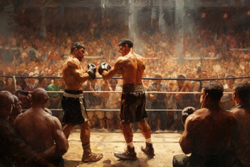 Obraz na płótnie Canvas Two individuals stand side by side in front of a large gathering of people, Boxing match taking place in a packed stadium, AI Generated
