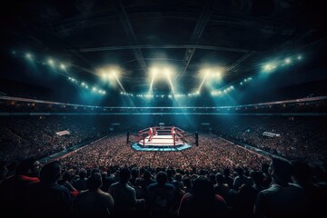 A thrilling boxing match is taking place in a crowded ring, filled with passionate spectators, Boxing match taking place in a packed stadium, AI Generated