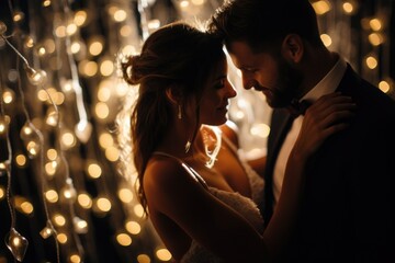 A straightforward image capturing a man and woman standing together, conveying their presence side by side, Bride and groom share a moment under twinkling fairy lights, AI Generated