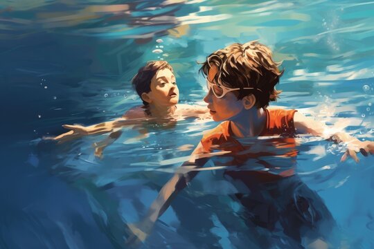 An artistic representation of two children joyfully swimming in a pool, Boy learning to swim under the guidance of a coach, AI Generated
