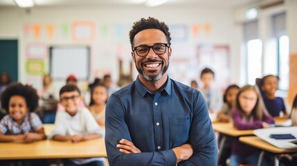 Fototapeta premium Happy male educator teaching in a classroom with diverse elementary school students