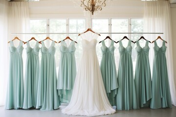 A brides dress hangs in front of a row of bridesmaid dresses in a simple, elegant display, Bridesmaids in matching seafoam green dresses, AI Generated