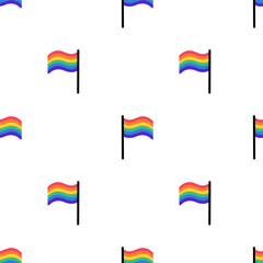 Seamless Pattern with Rainbow colored flag. LGBT flag in doodle style. LGBTQ, LGBT pride community Symbol. LGBT concept texture. Vector illustration isolated on white background.