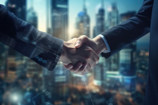 Two individuals confidently shake hands as they stand in front of a captivating cityscape, Business people shaking hands against a cityscape, AI Generated
