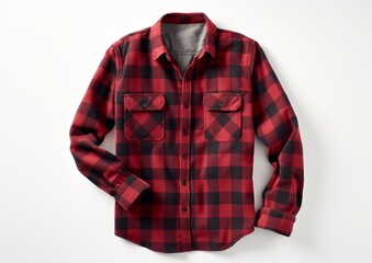 Long sleeve plaid flannel shirt red black color on white background