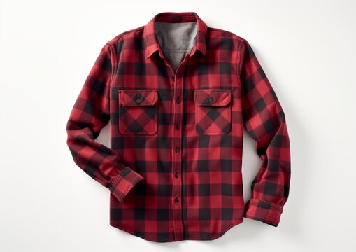 Long sleeve plaid flannel shirt red black color on white background