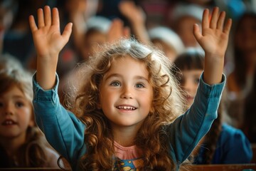 Emotional children raise their hands in the classroom. Generative AI. - Powered by Adobe
