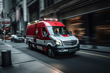 Illustration of an ambulance speeding down the road responding to an emergency call from a patient