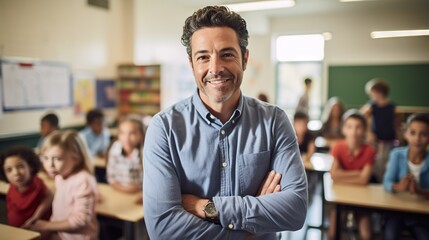 Happy male educator teaching in a classroom with diverse elementary school students - Powered by Adobe