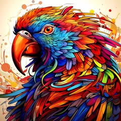 Abstract parrot head close up with tangled doodle elements. Full color illustrations. generative ai