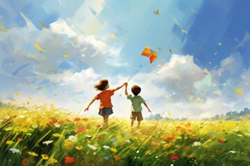 A vibrant painting capturing the pure joy of two children as they fly a kite in the open sky, Children flying kites in a summer meadow, AI Generated - obrazy, fototapety, plakaty