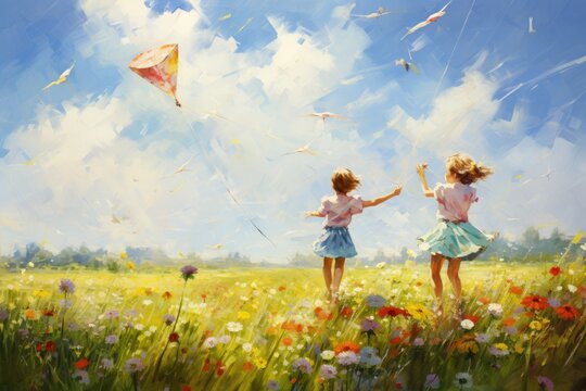 Two little girls happily fly colorful kites while surrounded by a beautiful field of blossoming flowers, Children flying kites in a summer meadow, AI Generated