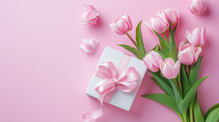 Top view of giftbox with ribbon bouquet of tulips on pink background