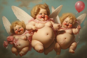 A beautiful painting depicting three cherubs holding onto a colorful balloon with joy and wonder on...