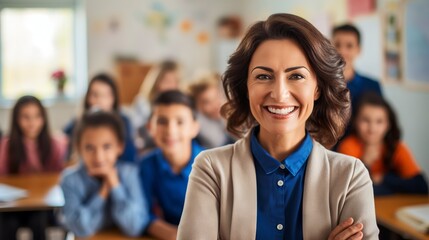 Happy female teacher with diverse students in elementary school classroom posing for camera