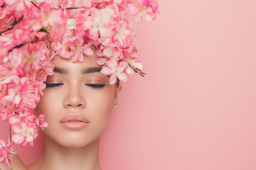 Fototapeta premium Beautiful girl with pink flowers on her head on pink background with space for your text, beauty model