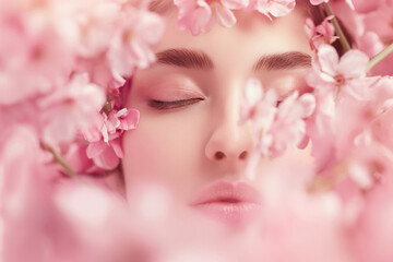 Beautiful girl with pink flowers on her head on pink background with space for your text, beauty model