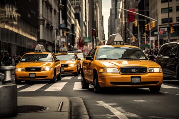 A yellow taxi cab gracefully maneuvers through a busy street surrounded by towering urban...
