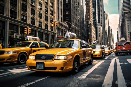 A densely populated urban street gridlocked with an overwhelming amount of vehicles during peak hours, Classic yellow taxi cabs in the busy streets of Manhattan, AI Generated © Iftikhar alam