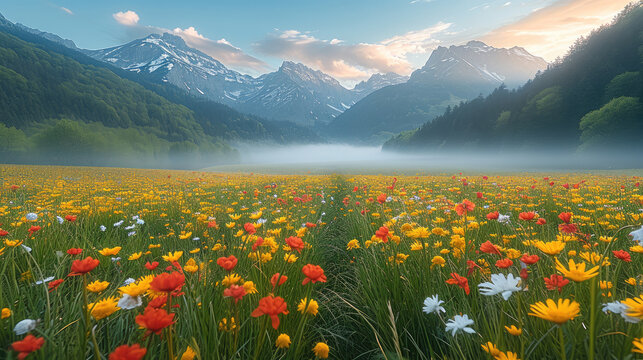 Beautiful spring mountains with meadow at morning. Generative AI.