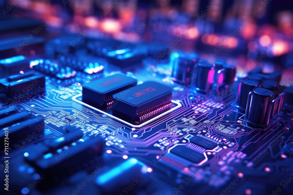 Poster a close-up image capturing the intricate details and essential components of a computer motherboard,