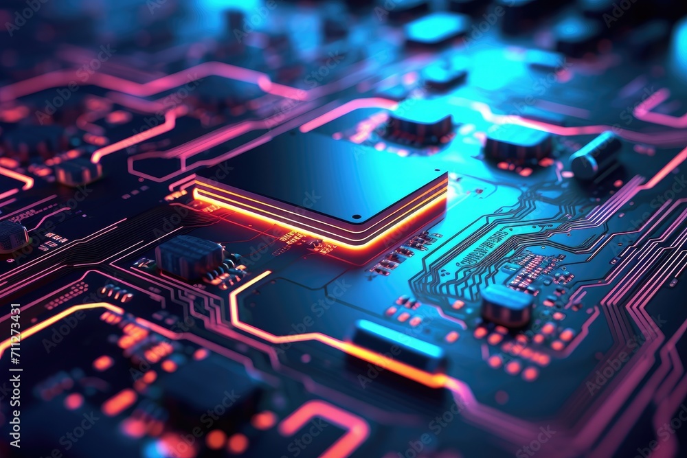 Poster a detailed view of a computer circuit board showcasing its various components and intricate connecti