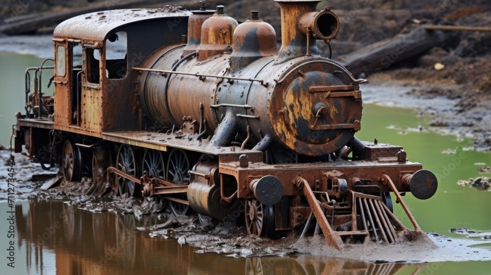 Poster rusty and soaked waterlogged and rusted, an engine struggles to function as it is flooded with murky