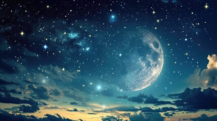 Obraz na płótnie Canvas Spiritual Serenade - Ramadan Night Sky with Beautiful Moon and Starry Constellations