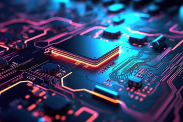 Fototapeta premium A detailed view of a computer circuit board showcasing its various components and intricate connections, Close-up of a circuit board with glowing neon lights, AI Generated