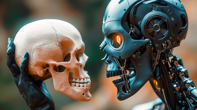 Cyborg holding the skull of a human and looking to it. Artificial intelligence against human.