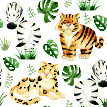 seamless pattern of animals, safari. watercolor drawing tiger, leopard, zebra. print for children