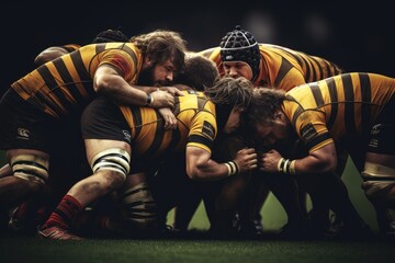 A team of rugby players come together in a tight huddle to discuss tactics and plan their next move, Close-up of a rugby scrum during a professional match, AI Generated