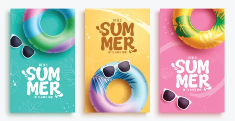 Foto op Plexiglas Summer greeting poster vector set design. Hello summer text with floaters and sunglasses beach vacation elements. Vector illustration summer greeting postcard collection.  © AmazeinDesign