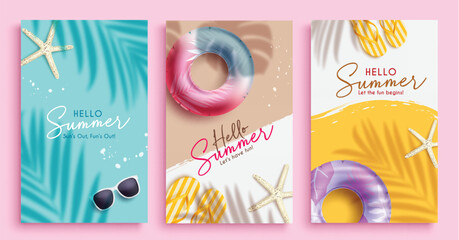 Hello summer greeting vector poster set design. Summer hello text with beach floaters, sunglasses, starfish and flip flop vacation elements. Vector illustration summer greeting postcard collection. 
 - obrazy, fototapety, plakaty